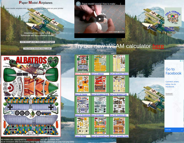 screenshot of paper model airplanes website